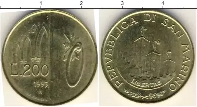 Монета 200 лир Сан-Марино 1993 года Латунь *