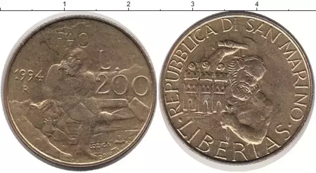 Монета 200 лир Сан-Марино 1994 года Латунь ФАО