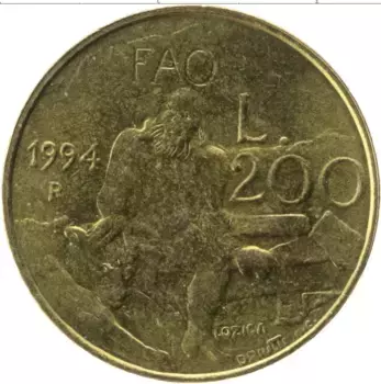 Монета 200 лир Сан-Марино 1994 года Латунь ФАО