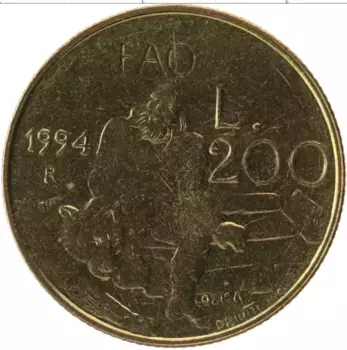 Монета 200 лир Сан-Марино 1994 года Латунь ФАО