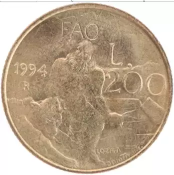 Монета 200 лир Сан-Марино 1994 года Латунь ФАО