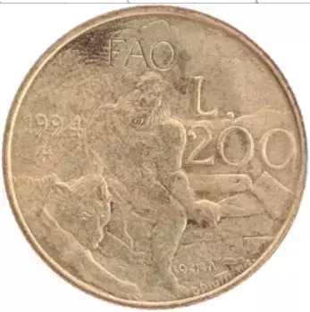 Монета 200 лир Сан-Марино 1994 года Латунь ФАО