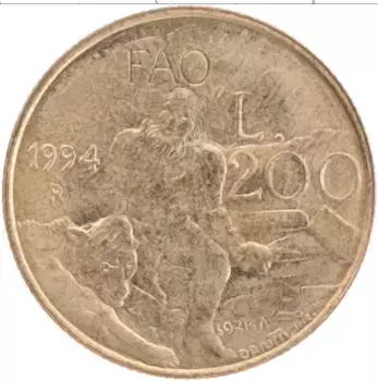 Монета 200 лир Сан-Марино 1994 года Латунь ФАО