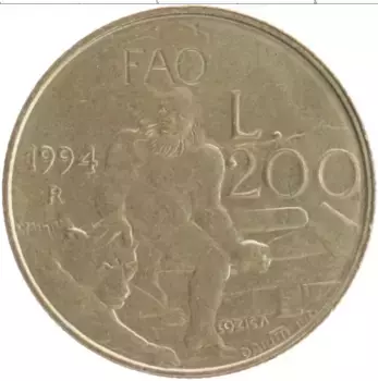 Монета 200 лир Сан-Марино 1994 года Бронза ФАО