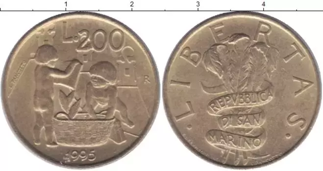 Монета 200 лир Сан-Марино 1995 года Латунь