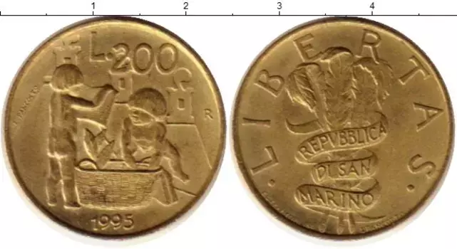 Монета 200 лир Сан-Марино 1995 года Латунь играющие дети