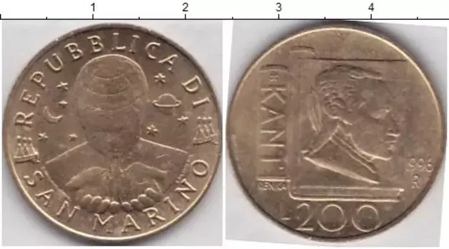 Монета 200 лир Сан-Марино 1996 года Латунь И