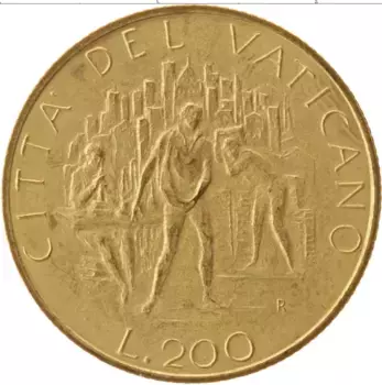 Монета 200 лир Ватикана 1989 года Латунь Иоанн Павел II