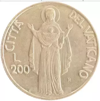 Монета 200 лир Ватикана 1990 года Бронза Иоанн Павел II