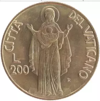 Монета 200 лир Ватикана 1990 года Бронза Иоанн Павел II