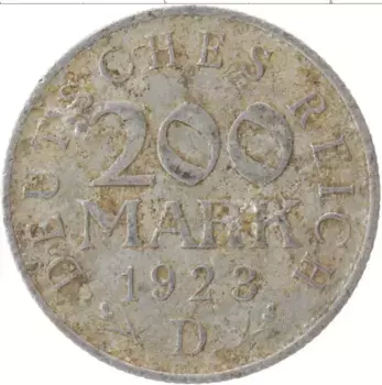 Монета 200 марок Веймарской республики 1923 года Алюминий D