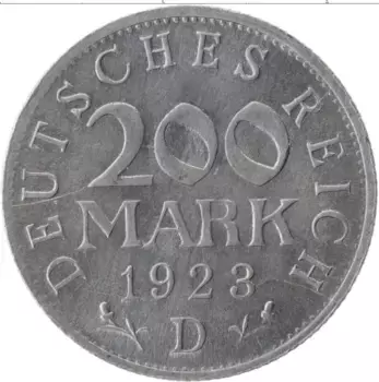 Монета 200 марок Веймарской республики 1923 года Алюминий D