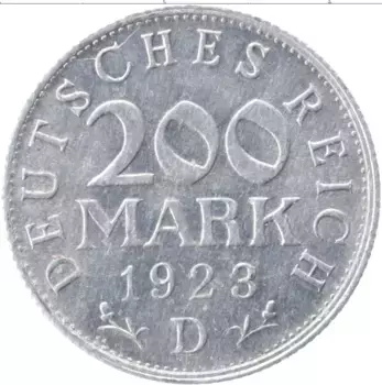 Монета 200 марок Веймарской республики 1923 года Алюминий D