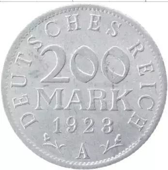 Монета 200 марок Веймарской республики 1923 года Алюминий А