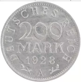 Монета 200 марок Веймарской республики 1923 года Алюминий А