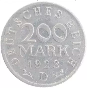 Монета 200 марок Веймарской республики 1923 года Алюминий D