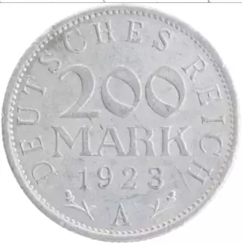 Монета 200 марок Веймарской республики 1923 года Алюминий А