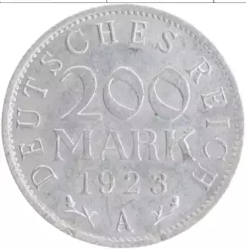 Монета 200 марок Веймарской республики 1923 года Алюминий А