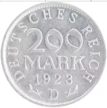 Монета 200 марок Веймарской республики 1923 года Алюминий D