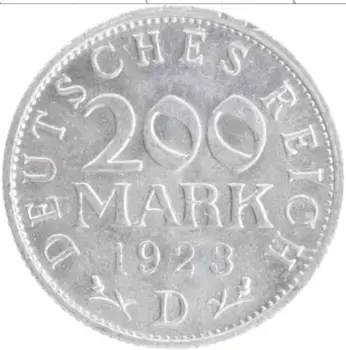 Монета 200 марок Веймарской республики 1923 года Алюминий D