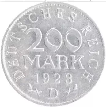 Монета 200 марок Веймарской республики 1923 года Алюминий D