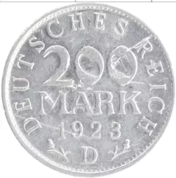 Монета 200 марок Веймарской республики 1923 года Алюминий D