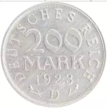 Монета 200 марок Веймарской республики 1923 года Алюминий D
