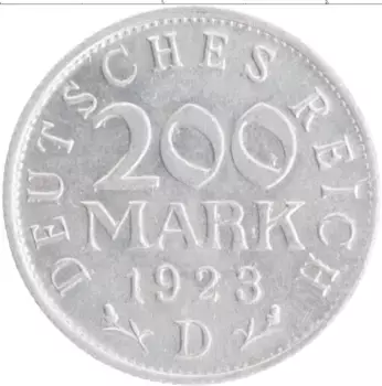 Монета 200 марок Веймарской республики 1923 года Алюминий D