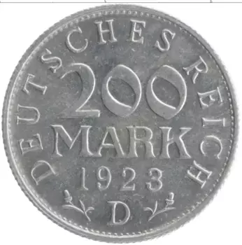 Монета 200 марок Веймарской республики 1923 года Алюминий D