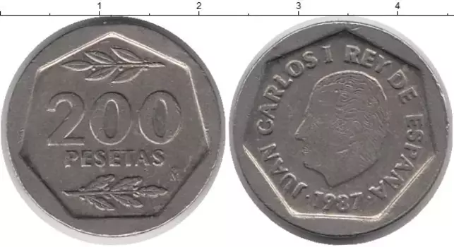 Монета 200 песет Испании 1987 года Медно-никель Карлос I