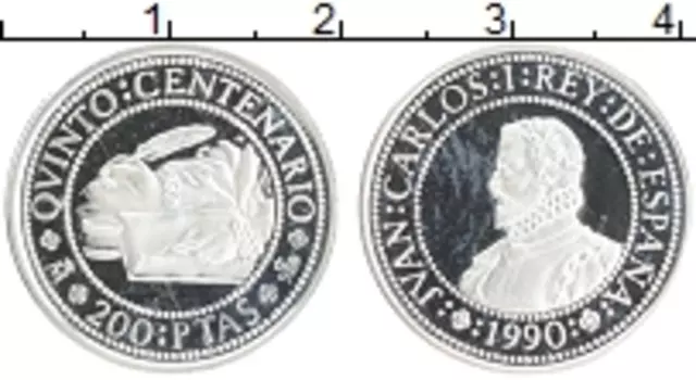 Монета 200 песет Испании 1990 года Серебро 500 лет открытия Америки