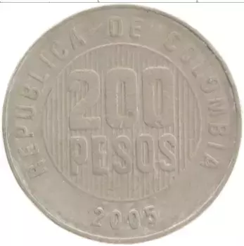 Монета 200 песо Колумбии 2005 года Медно-никель