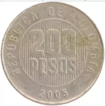 Монета 200 песо Колумбии 2005 года Медно-никель