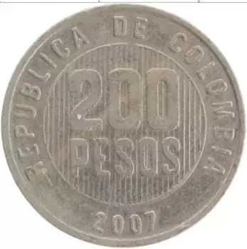 Монета 200 песо Колумбии 2007 года Медно-никель Герб
