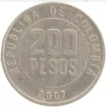 Монета 200 песо Колумбии 2007 года Медно-никель