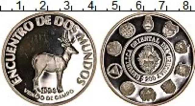 Монета 200 песо Уругвая 1994 года Серебро Иберо-Америка, олень