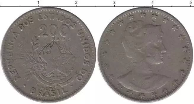 Монета 200 рейс Бразилии 1901 года Медно-никель