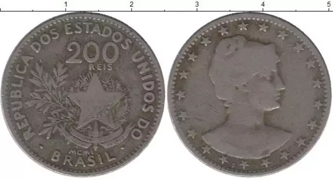 Монета 200 рейс Бразилии 1901 года Медно-никель