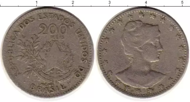 Монета 200 рейс Бразилии 1901 года Медно-никель