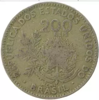 Монета 200 рейс Бразилии 1901 года Медно-никель