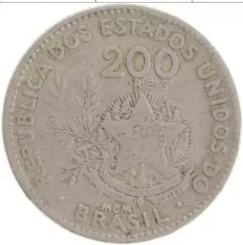 Монета 200 рейс Бразилии 1901 года Медно-никель