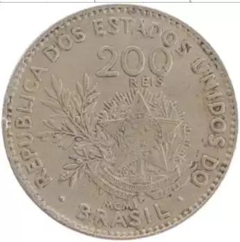 Монета 200 рейс Бразилии 1901 года Медно-никель