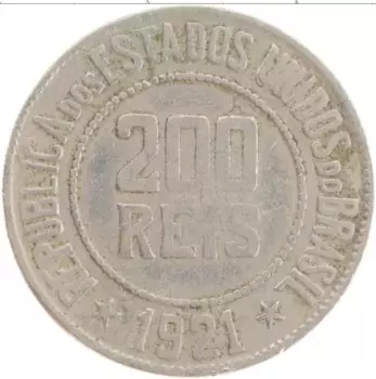 Монета 200 рейс Бразилии 1921 года Медно-никель