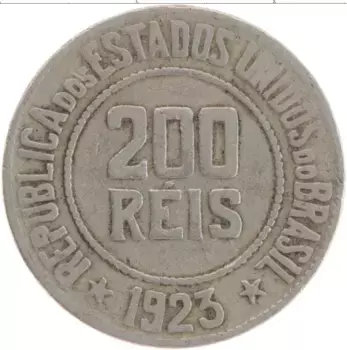 Монета 200 рейс Бразилии 1923 года Медно-никель Республика