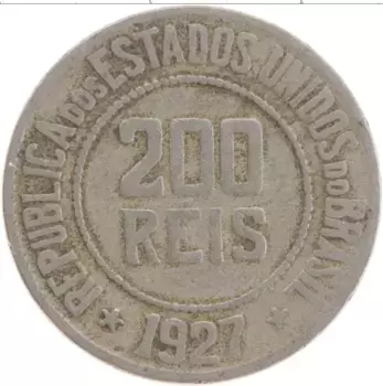 Монета 200 рейс Бразилии 1927 года Медно-никель Республика