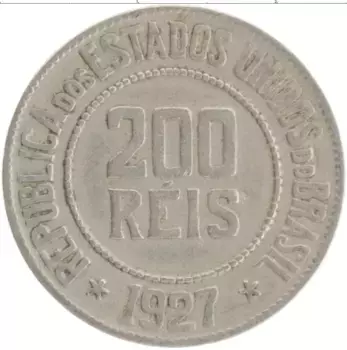 Монета 200 рейс Бразилии 1927 года Медно-никель