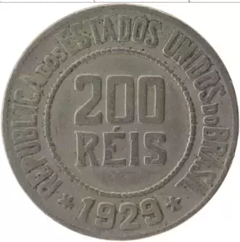 Монета 200 рейс Бразилии 1929 года Медно-никель