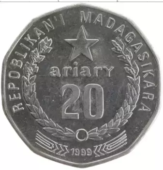 Монета 20 ариари Мадагаскара 1999 года Медно-никель