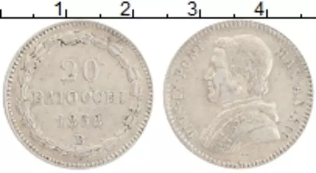 Монета 20 байоччи Ватикана 1858 года Серебро Пий IX