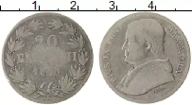 Монета 20 байоччи Ватикана 1865 года Серебро Пий IX